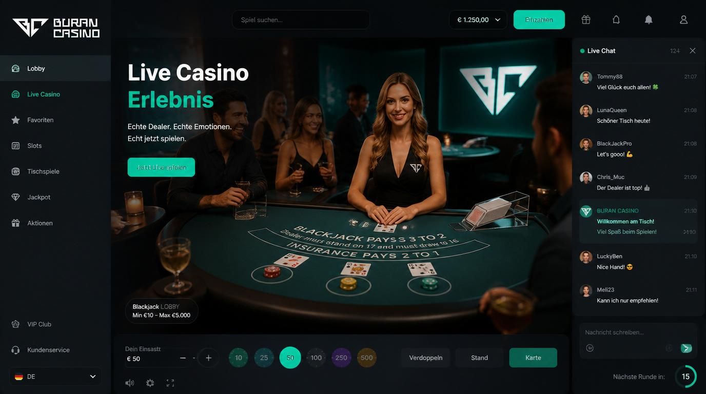Live Tisch mit realistischem Ambiente und Dealer – Atmosphäre wie mit Freunden.