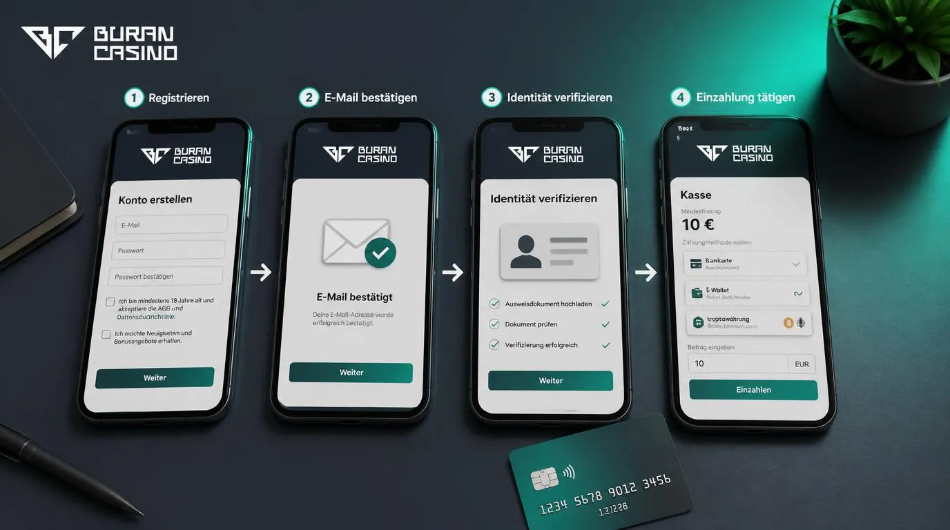 Smartphone mit Registrierung, Ausweisprüfung und Kasse neben Bankkarte und Zahlungsübersicht