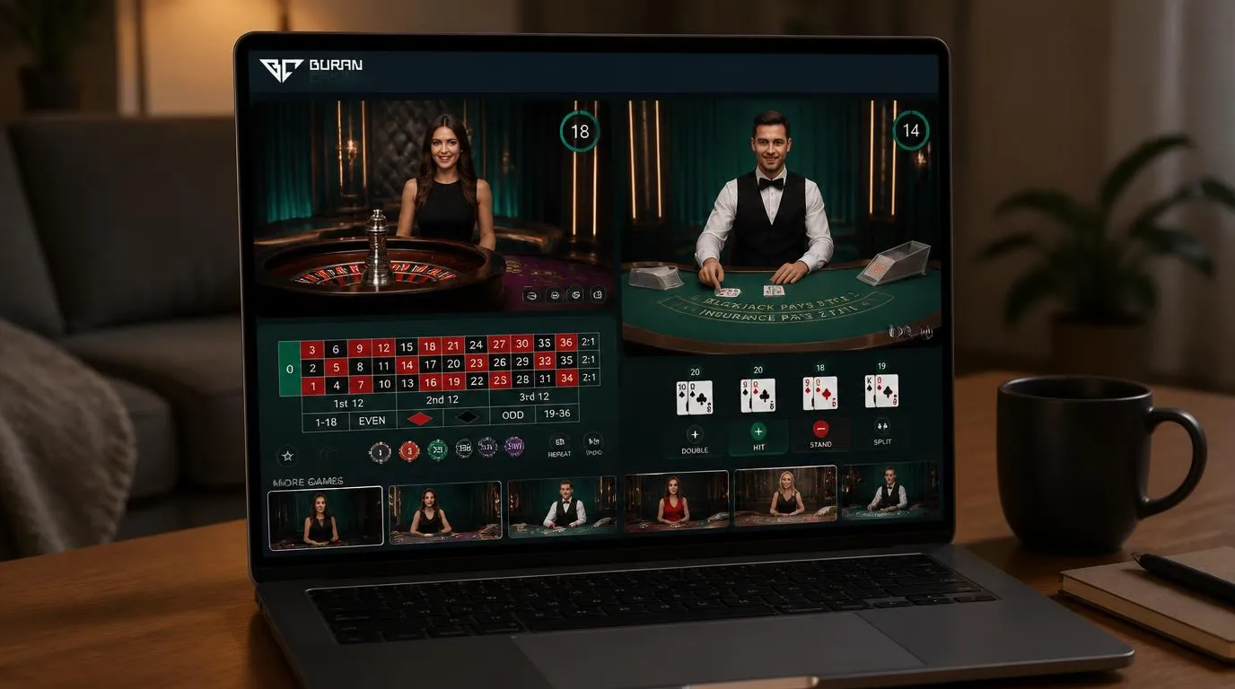 Live-Dealer am Roulettekessel neben einem Blackjack-Tisch auf einer übersichtlichen Casino-Oberfläche